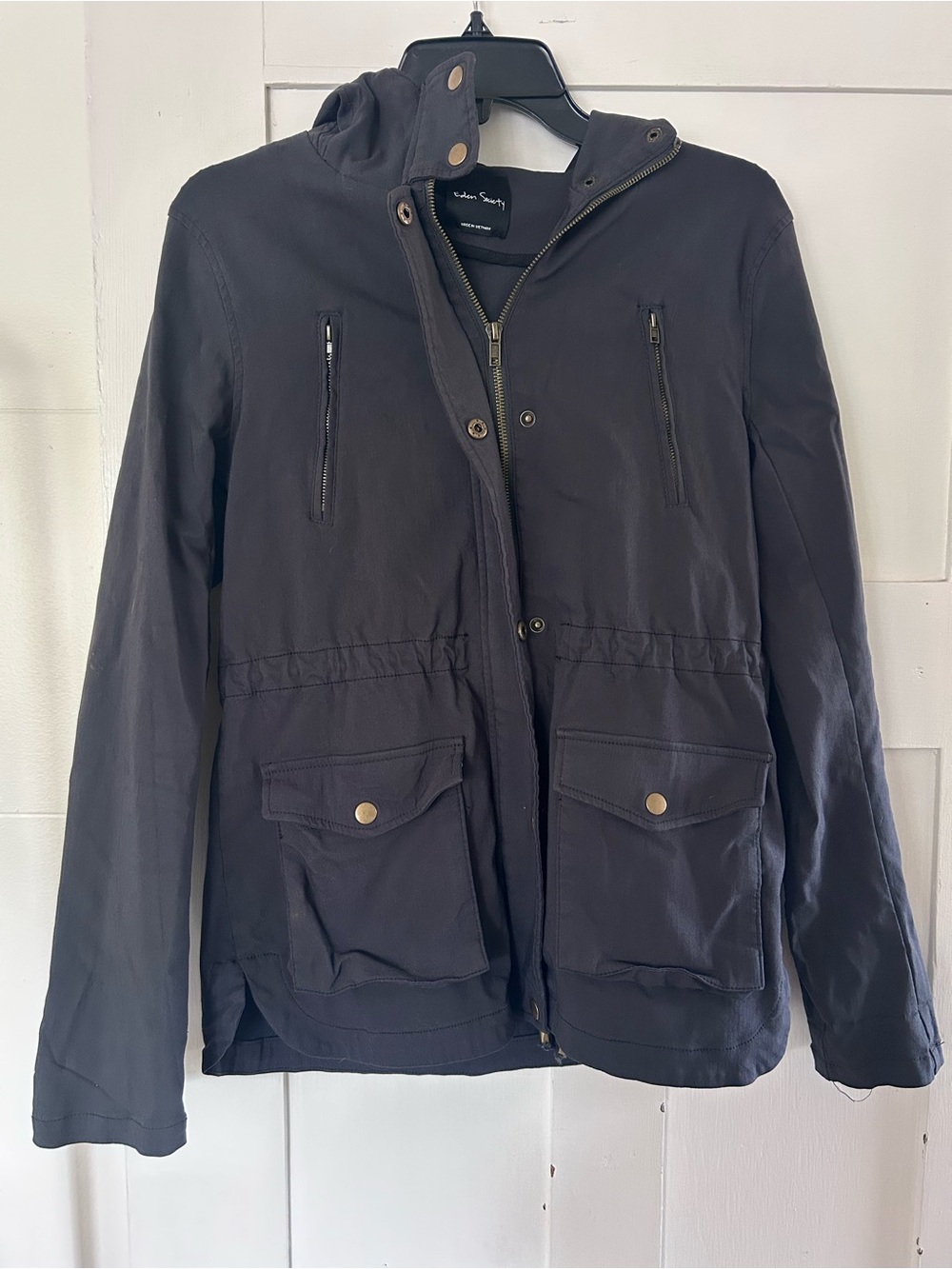 Eden Society Holly Hooded Utility Cargo Jacket Cinch Waist Grey Black